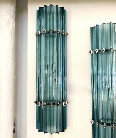 Italian Contemporary Minimalist Pair of Aquamarine Murano Glass Nickel Sconces