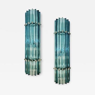 Italian Contemporary Minimalist Pair of Aquamarine Murano Glass Nickel Sconces