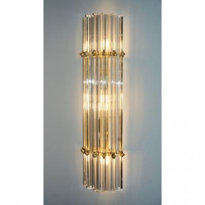 Italian Contemporary Minimalist Pair of Satin Brass Crystal Murano Glass Sconces