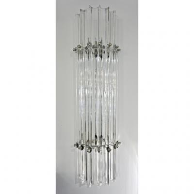 Italian Contemporary Minimalist Pair of Satin Brass Crystal Murano Glass Sconces