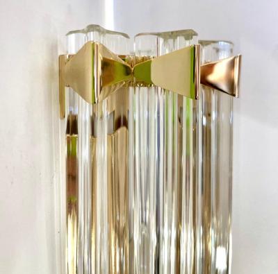 Italian Contemporary Pair of Minimalist Brass Crystal Clear Murano Glass Sconces