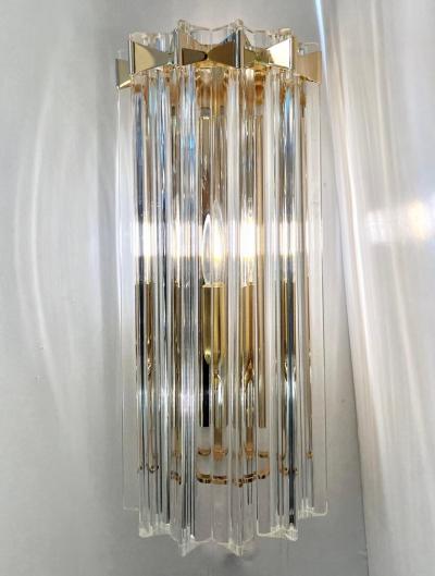 Italian Contemporary Pair of Minimalist Brass Crystal Clear Murano Glass Sconces