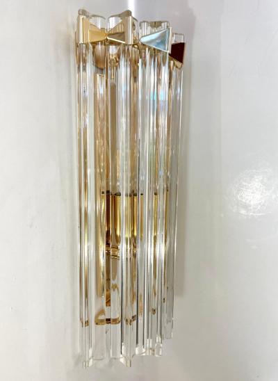 Italian Contemporary Pair of Minimalist Brass Crystal Clear Murano Glass Sconces