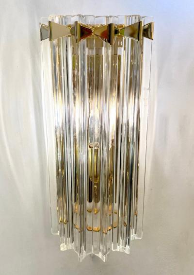 Italian Contemporary Pair of Minimalist Brass Crystal Clear Murano Glass Sconces