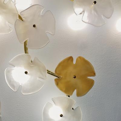 Italian Contemporary Satin White Gold Murano Glass Flower Art Wall Ceiling Light