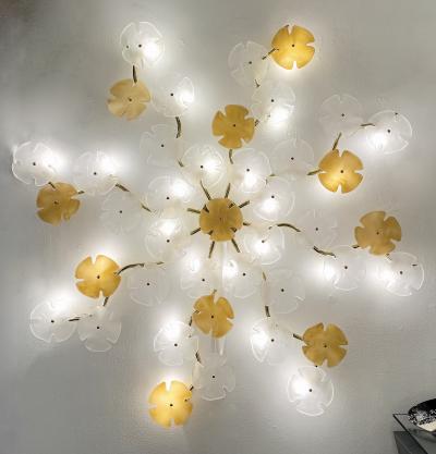 Italian Contemporary Satin White Gold Murano Glass Flower Art Wall Ceiling Light