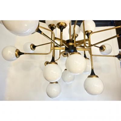 Italian Contemporary White Black Brass 24 Light Modern Asymmetric Chandelier