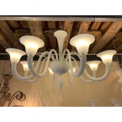 Italian Contemporary White Murano Glass Chandelier in Dec Style