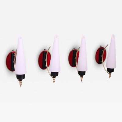 Italian Design Opaline Glass and Brass Stilnovo Style Set of 4 Sconces 1950s