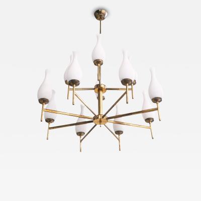 Italian Designer Chandelier with Brass and Glass Italy 1950s