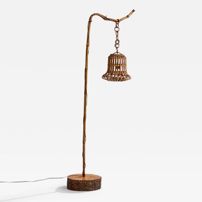 Italian Designer Floor Lamp with Wood Bamboo and Rattan Italy 1970s