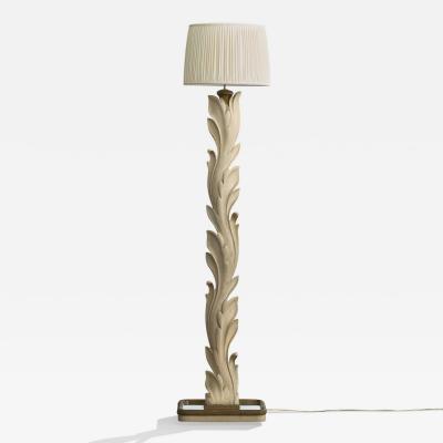 Italian Designer Floor Lamp with Wood Brass Mirror and Fabric Italy