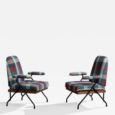 Italian Designer Lounge Chairs with Metal Wood and Fabric Italy 1960s
