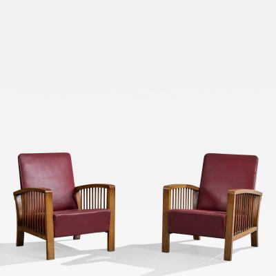 Italian Designer Lounge Chairs with Oak and Vinyl Italy 1940s