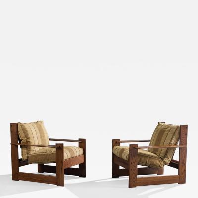 Italian Designer Lounge Chairs with Pine and Fabric Italy 1970s