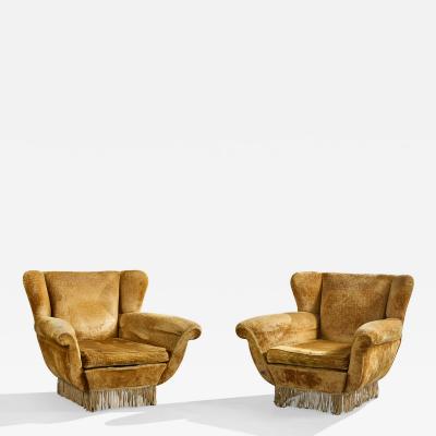 Italian Designer Lounge Chairs with Velvet and Wood Italy 1940s