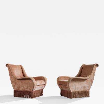 Italian Designer Lounge Chairs with Velvet and Wood Italy 1950s