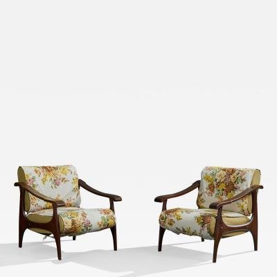 Italian Designer Lounge Chairs with Wood and Fabric Italy 1950s