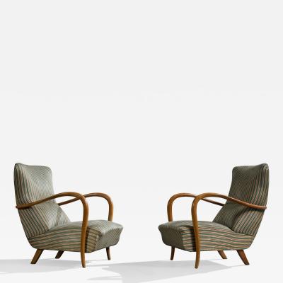 Italian Designer Lounge Chairs with Wood and Fabric Italy 1950s