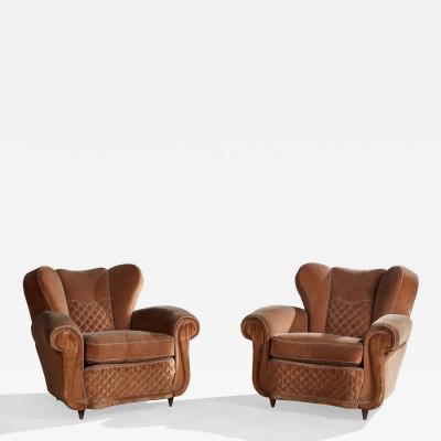 Italian Designer Lounge Chairs with Wood and Velvet Italy 1940s
