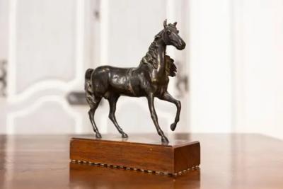 Italian Early 20th Century Bronze Horse Sculpture on Rectangular Wooden Base