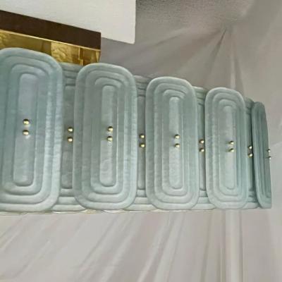 Italian Fontana Arte Style Pearl Aqua Blue Murano Glass Oval Brass Chandelier