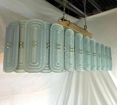 Italian Fontana Arte Style Pearl Aqua Blue Murano Glass Oval Brass Chandelier