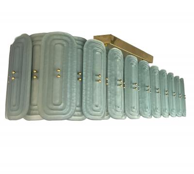 Italian Fontana Arte Style Pearl Aqua Blue Murano Glass Oval Brass Chandelier