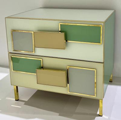 Italian Geometric Pair Postmodern Yellow Green Gray Glass Brass Chests