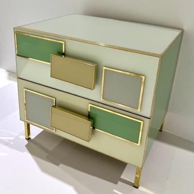 Italian Geometric Pair Postmodern Yellow Green Gray Glass Brass Chests