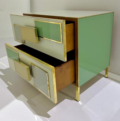Italian Geometric Pair Postmodern Yellow Green Gray Glass Brass Chests