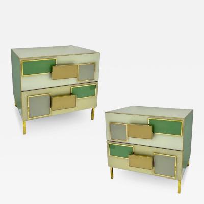 Italian Geometric Pair Postmodern Yellow Green Gray Glass Brass Chests