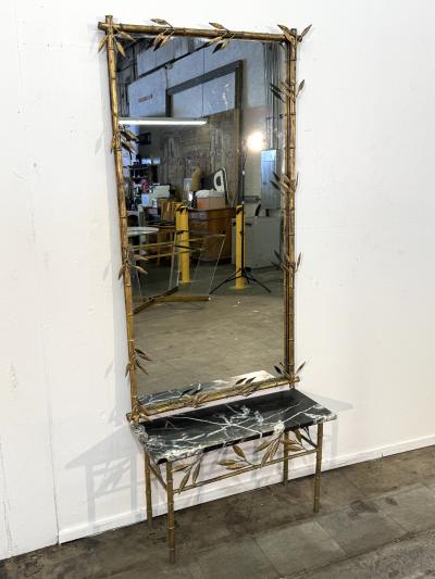 Italian Gilt Bamboo Mirror with Black Marble Console and Leaf Motif