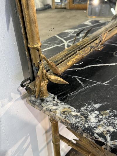 Italian Gilt Bamboo Mirror with Black Marble Console and Leaf Motif