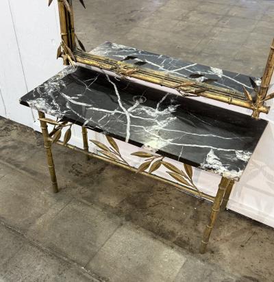 Italian Gilt Bamboo Mirror with Black Marble Console and Leaf Motif