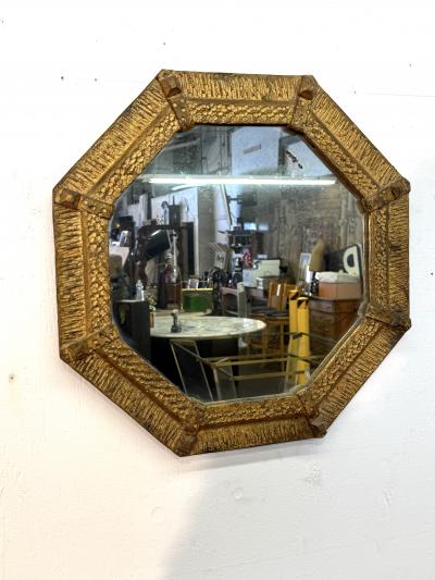 Italian Gilt Iron Octagonal Mirror with Textured Frame 20th Century