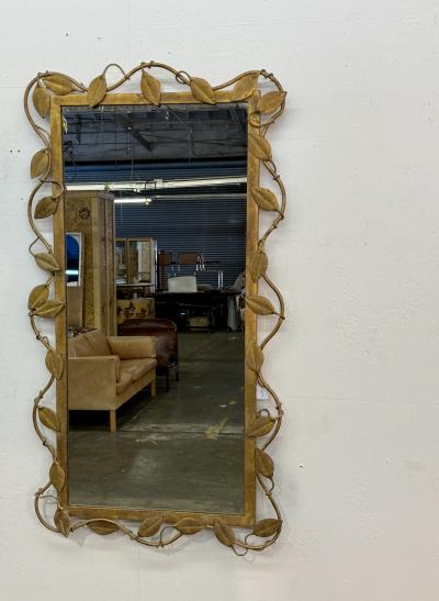 Italian Gilt Metal Vine Mirror with Sculptural Leaf Frame Mid Century