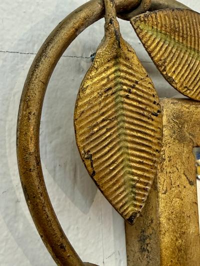 Italian Gilt Metal Vine Mirror with Sculptural Leaf Frame Mid Century