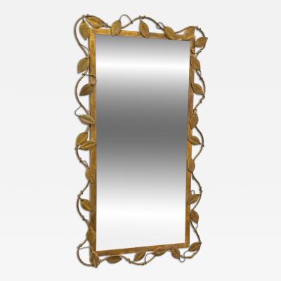 Italian Gilt Metal Vine Mirror with Sculptural Leaf Frame Mid Century