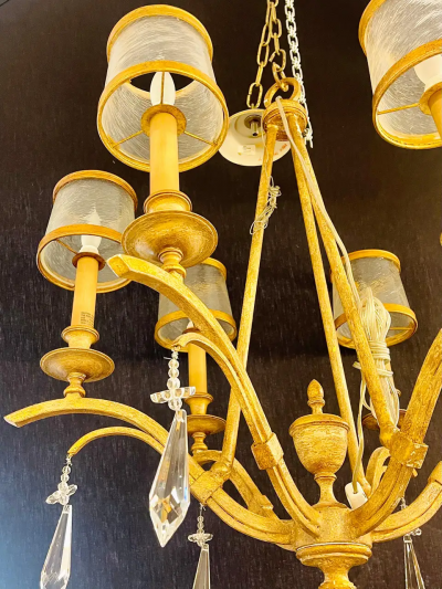 Italian Gilt Metal and Crystal Chandelier with Glass Shades