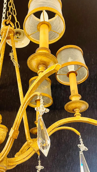 Italian Gilt Metal and Crystal Chandelier with Glass Shades