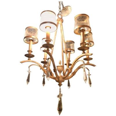 Italian Gilt Metal and Crystal Chandelier with Glass Shades