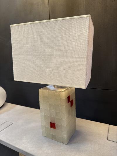 Italian Glass Block Table Lamp with Red Accents 1970s