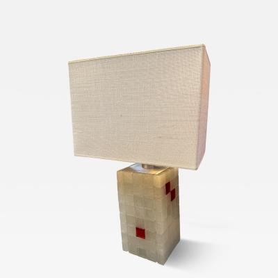 Italian Glass Block Table Lamp with Red Accents 1970s