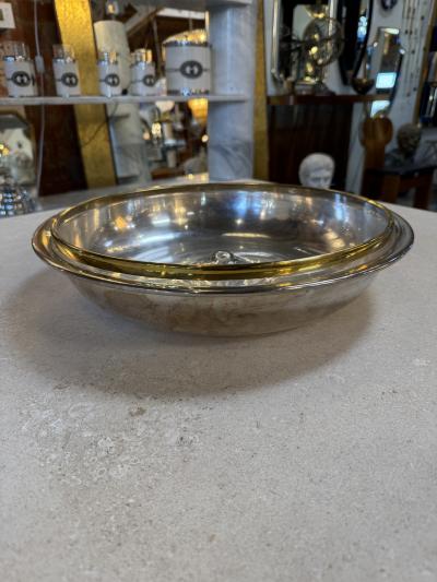 Italian Glass and Silver Plate Serving Bowl with Brass Rim 1970s