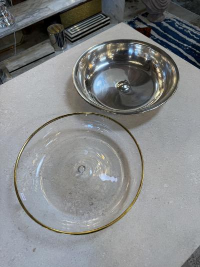 Italian Glass and Silver Plate Serving Bowl with Brass Rim 1970s