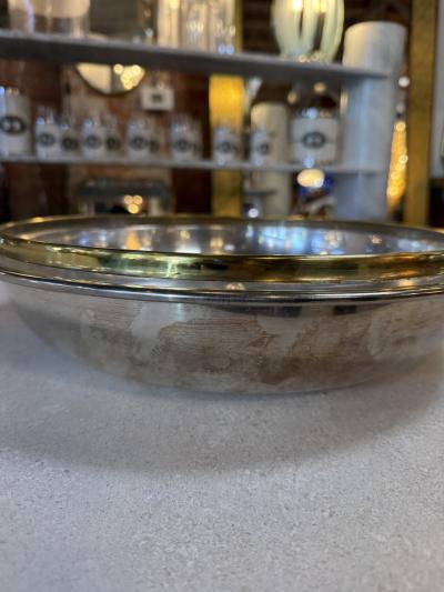 Italian Glass and Silver Plate Serving Bowl with Brass Rim 1970s