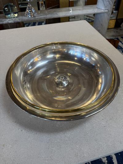 Italian Glass and Silver Plate Serving Bowl with Brass Rim 1970s