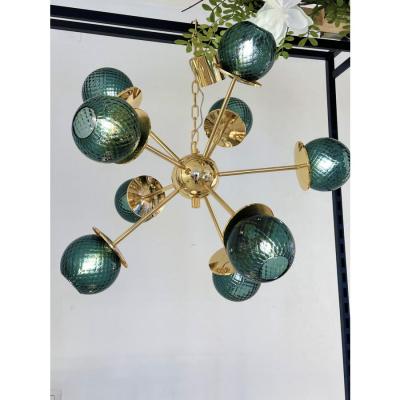 Italian Gold Chandelier Sputnik in Murano Glass Style Green Balloton