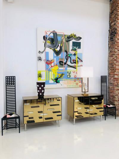 Italian Golden Murano Glass Mirror and Brass Cabinets Set of 2